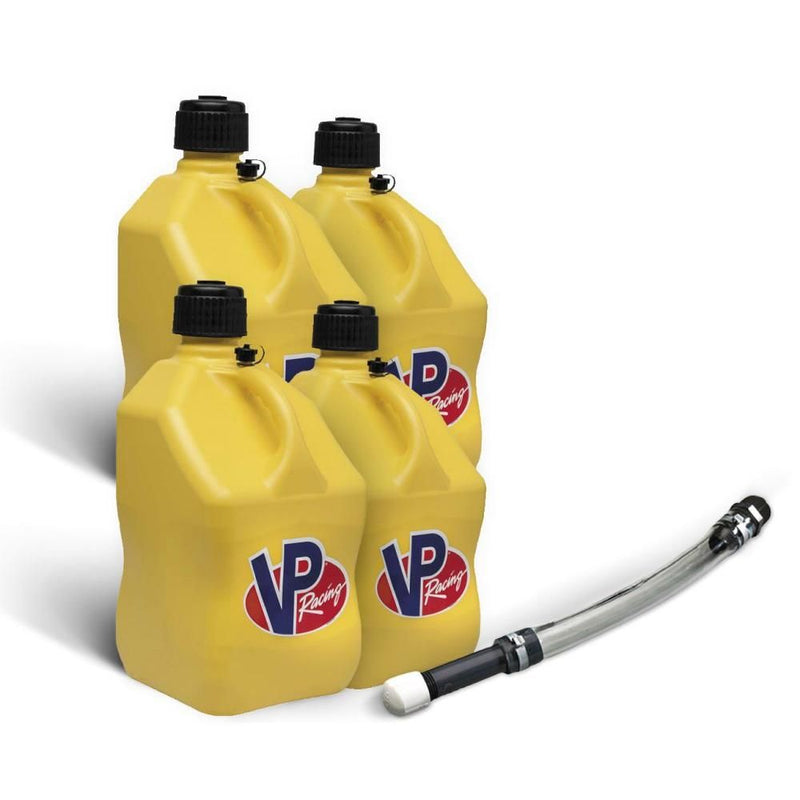 Load image into Gallery viewer, VP Racing 4 Pack Yellow 5.5 Gallon Square Utility Jugs + Deluxe Fill Hose