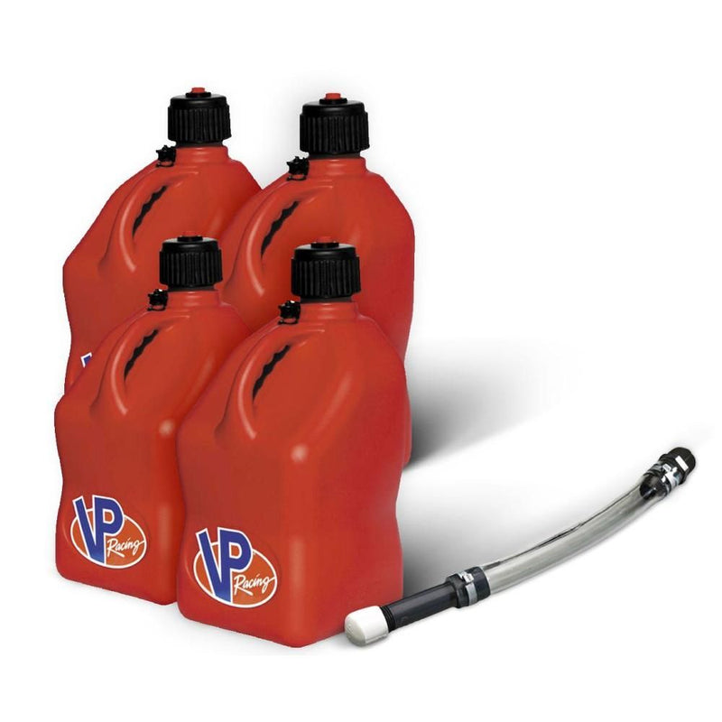 Load image into Gallery viewer, VP Racing 4 Pack Red 5.5 Gallon Square Utility Jugs + Deluxe Fill Hose
