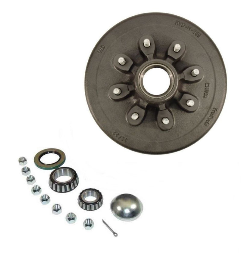 Load image into Gallery viewer, Trailer Hub/Drum Assembly with Bearings, 8 on 6-1/2" Bolt Circle, 3,500 lb. Capacity for 1-3/4" to 1-1/4" Tapered Spindle - 1/2 Inch Lugs
