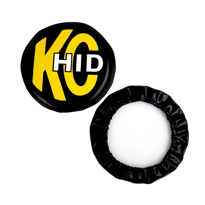 Load image into Gallery viewer, KC HiLiTES 8" Light Cover - Soft Vinyl - Pair - Black w/ Yellow KC HID Logo