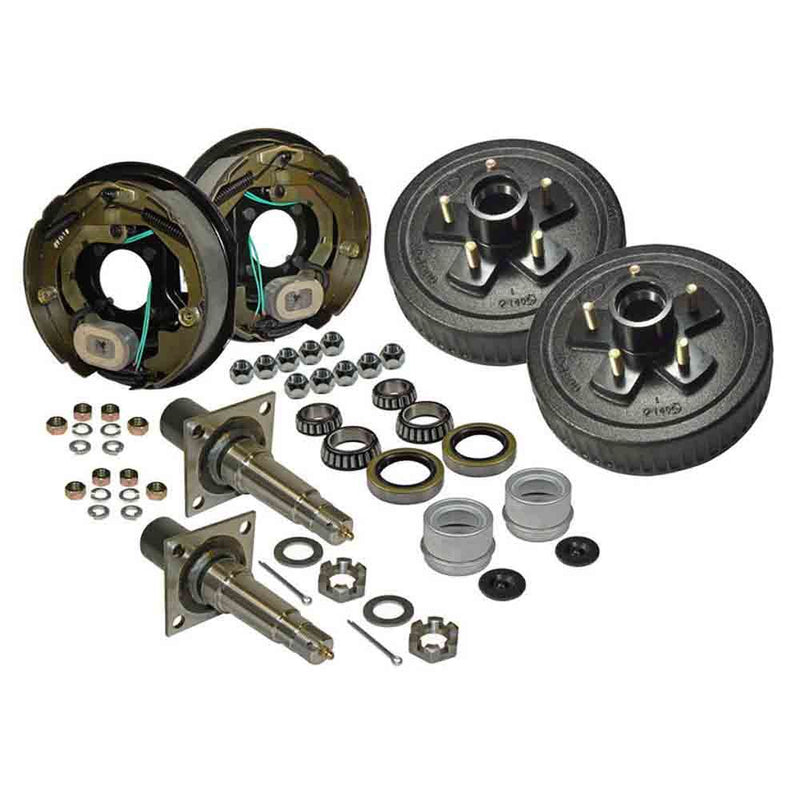 Load image into Gallery viewer, Pair of 5-Bolt on 4-1/2 Inch Hub-Drum Assembly - Includes (2) Flanged, 1-3/8 Inch to 1-1/16 Inch Tapered Spindles & Bearings With Electric Backing Plates