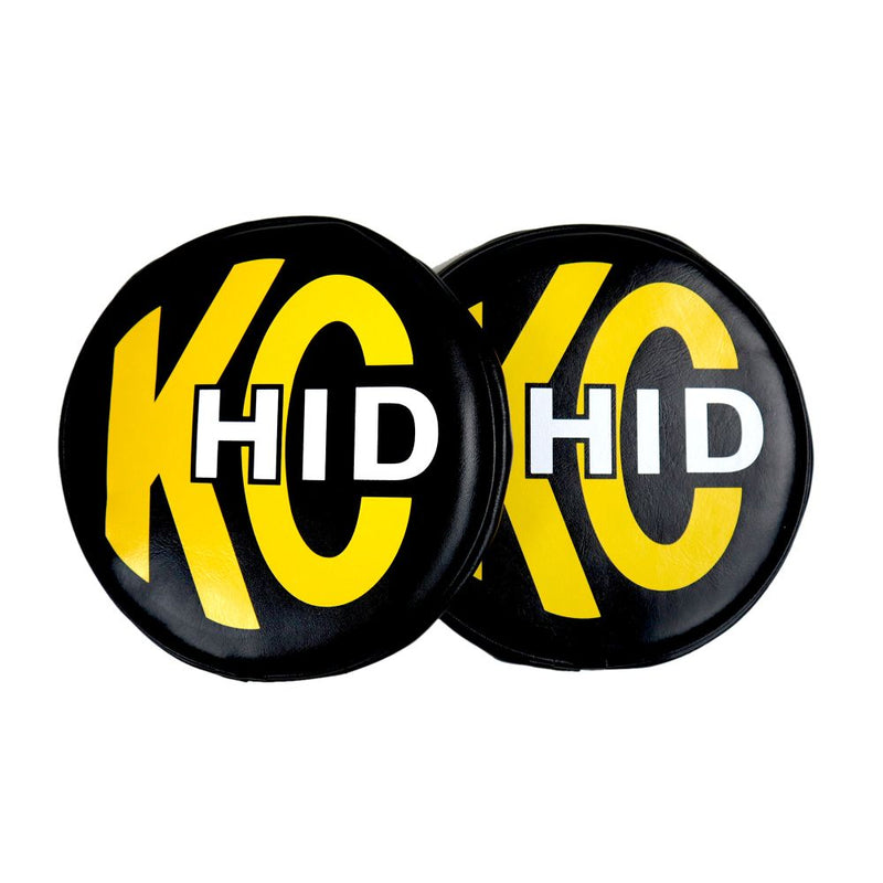 Load image into Gallery viewer, KC HiLiTES 8" Light Cover - Soft Vinyl - Pair - Black w/ Yellow KC HID Logo
