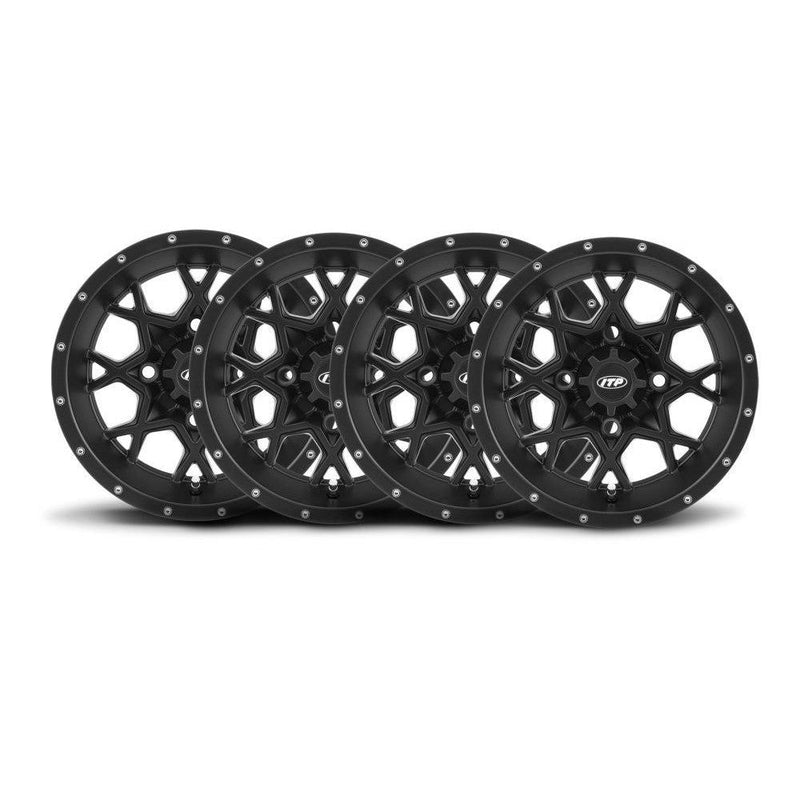 Load image into Gallery viewer, ITP Set of Four Storm Series Hurricane Wheels Matte Black 15x7 4/156 4+3