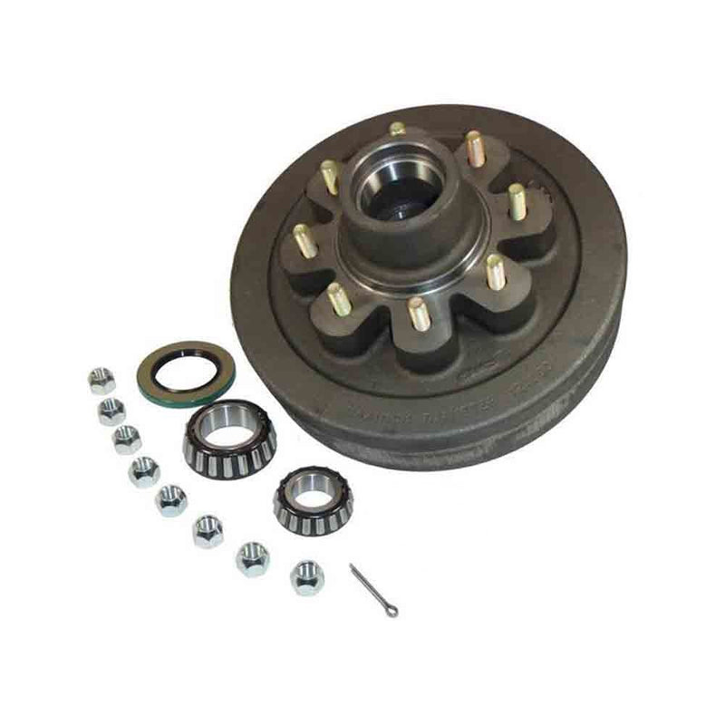 Load image into Gallery viewer, Trailer Hub/Drum Assembly With Bearings, 8 On 6-1/2" Bolt Circle, 3,500 Lb. Capacity For 1-3/4" To 1-1/4" Tapered Spindle W/ EZ Lube Cap & Plug (HD-1208-03-EZ) 9/16" Lugs