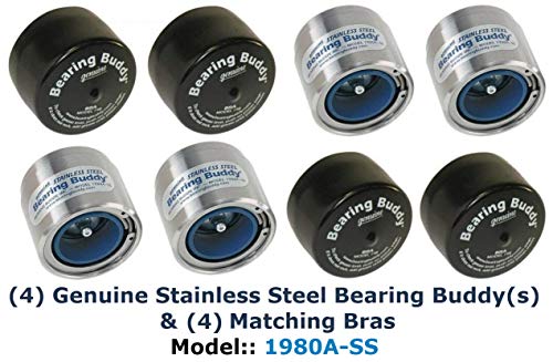 Load image into Gallery viewer, Bearing Buddy (4) 1.980 Boat Trailer Genuine Stainless Steel with Protective Bra & Auto Check Wheel Center Caps 1980A-SS 42204 (2 Pairs)