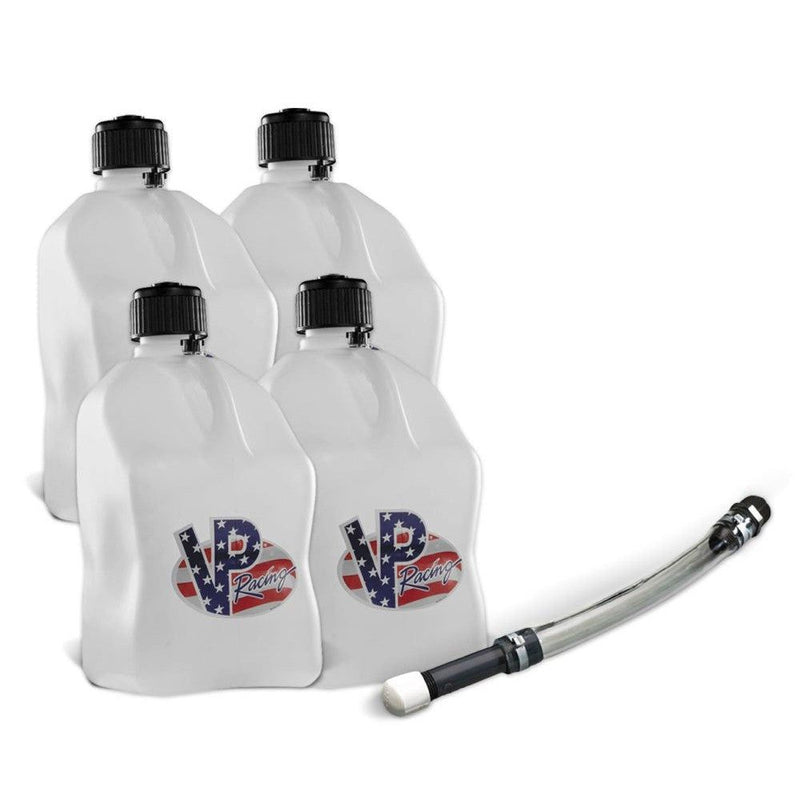 Load image into Gallery viewer, VP Racing 4 Pack Patriotic 5.5 Gallon Square Utility Jugs + Deluxe Fill Hose