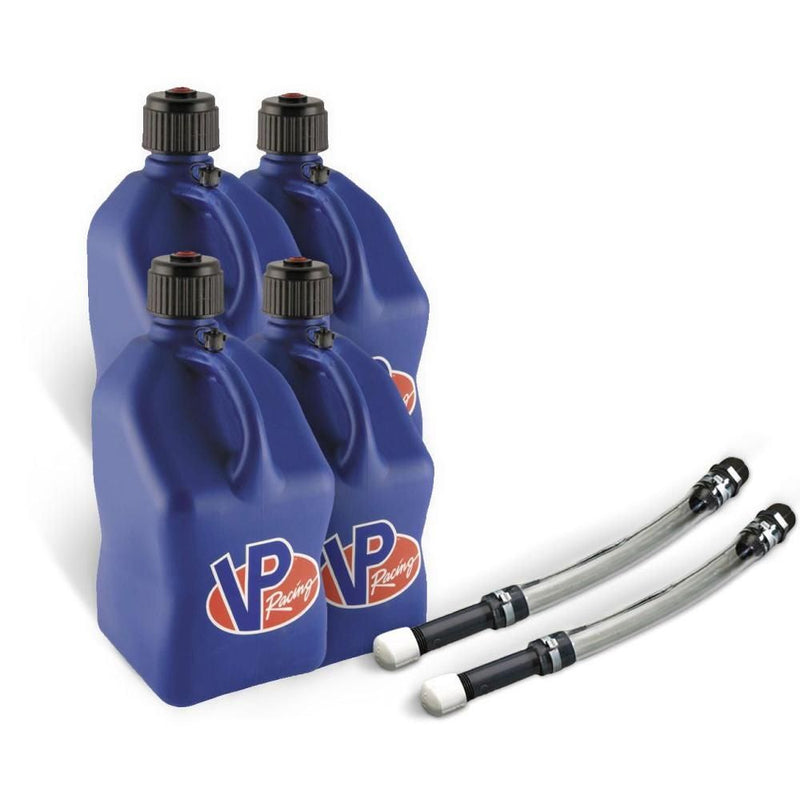 Load image into Gallery viewer, VP Racing 4 Pack Blue 5.5 Gallon Square Utility Jugs + 2 Deluxe Fill Hoses