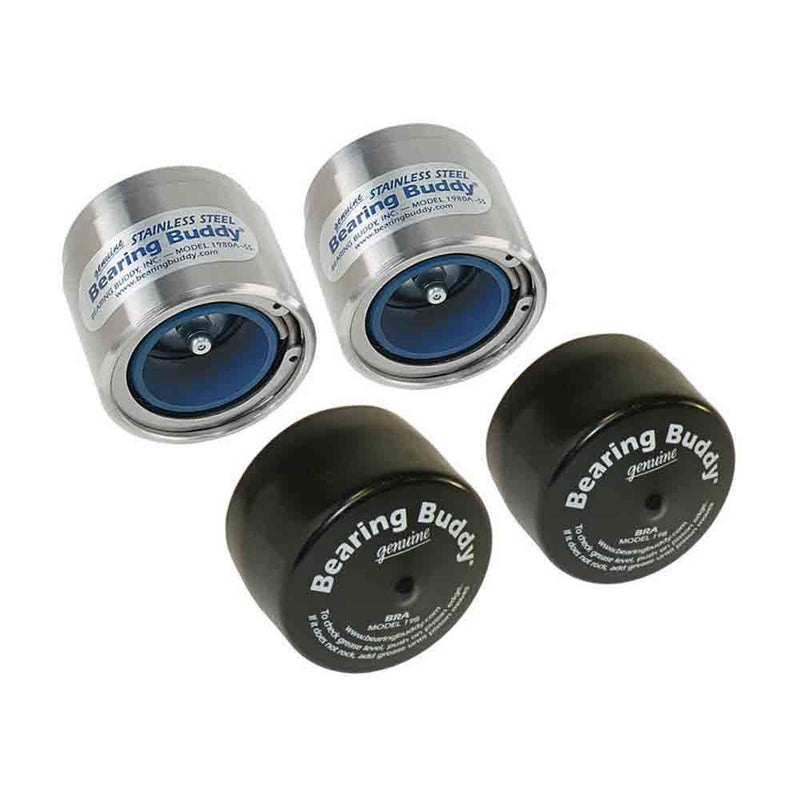 Load image into Gallery viewer, Bearing Buddy Stainless Steel Bearing Protectors with Auto Check and Bras - Pair - 1.980" Diameter