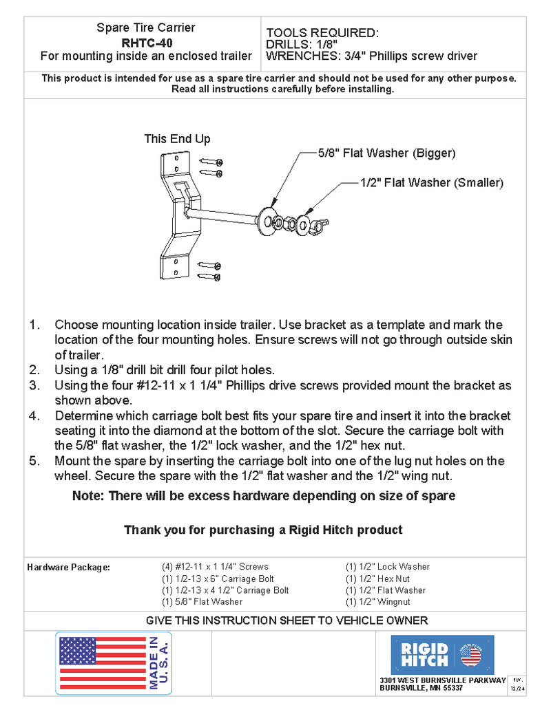 Load image into Gallery viewer, Enclosed Trailer Spare Tire Wall Mount Carrier Kit, USA Made, Complete Hardware Set (RHTC-40)