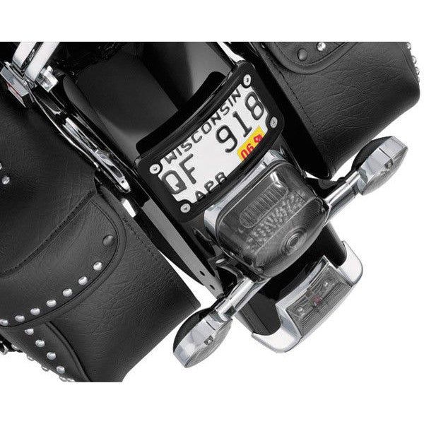 Load image into Gallery viewer, Kuryakyn Gloss Black Laydown Curved License Plate Mount Kit Harley Honda Chopper