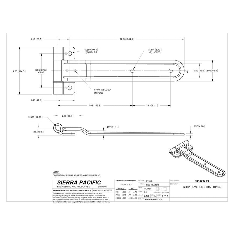 Load image into Gallery viewer, Trailer Door 12" Reverse Strap Hinge, 2 hole, Steel, Zinc Plated