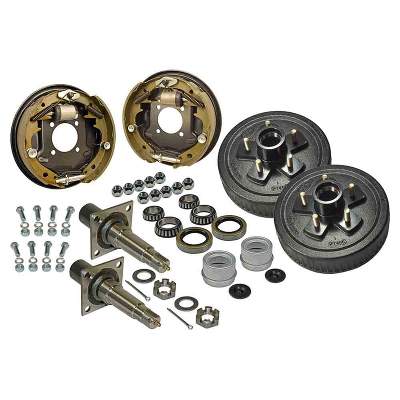 Load image into Gallery viewer, Pair of 5-Bolt on 4-1/2 Inch Hub-Drum Assembly - Includes (2) Flanged, 1-3/8 Inch to 1-1/16 Inch Tapered Spindles & Bearings With Hydraulic Brakes