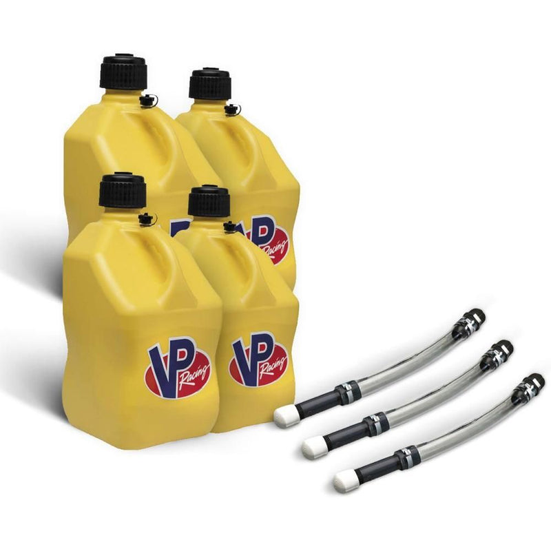 Load image into Gallery viewer, VP Racing 4 Pack Yellow 5.5 Gallon Square Utility Jugs + 3 Deluxe Fill Hoses