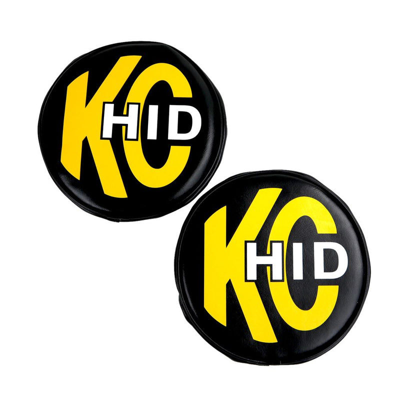 Load image into Gallery viewer, KC HiLiTES 8" Light Cover - Soft Vinyl - Pair - Black w/ Yellow KC HID Logo