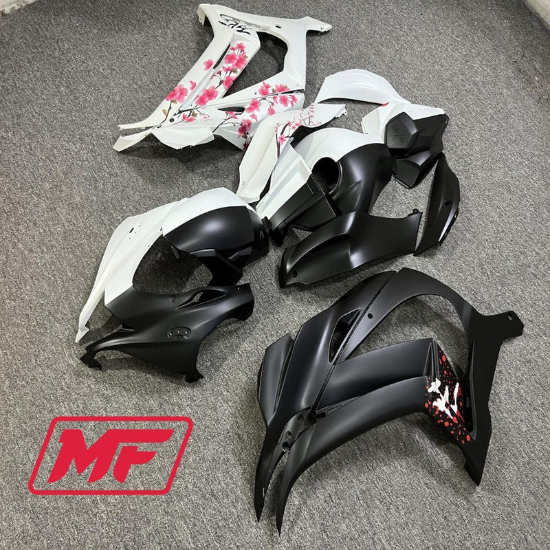 Load image into Gallery viewer, Monster Fairings Full Kit Kawasaki ZX-10R 16-20 Matte Black and White Split Cherry Blossom + Windshield + Gas Tank Cover
