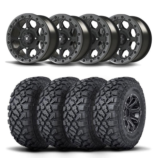 Set of Four Bullite Ruler Wheels 14" Gray And Kenda K3204R Klever XT Tires [32x10R-14]