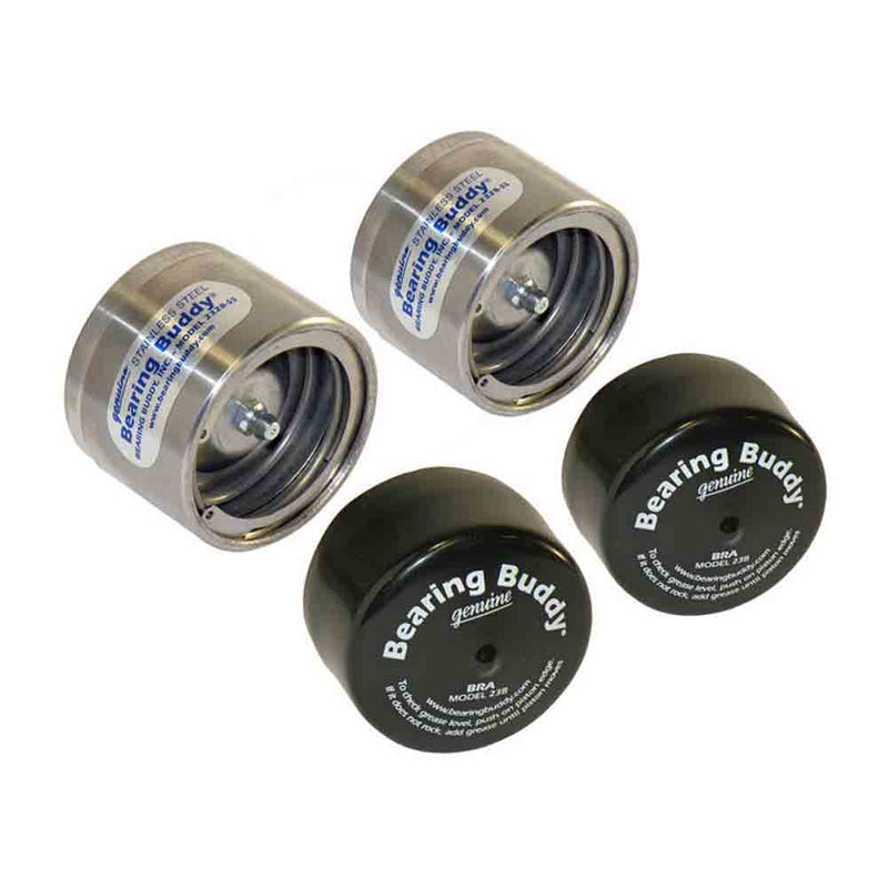 Load image into Gallery viewer, Bearing Buddy Stainless Steel Bearing Protectors with Bras - Pair - 2.328" Diameter
