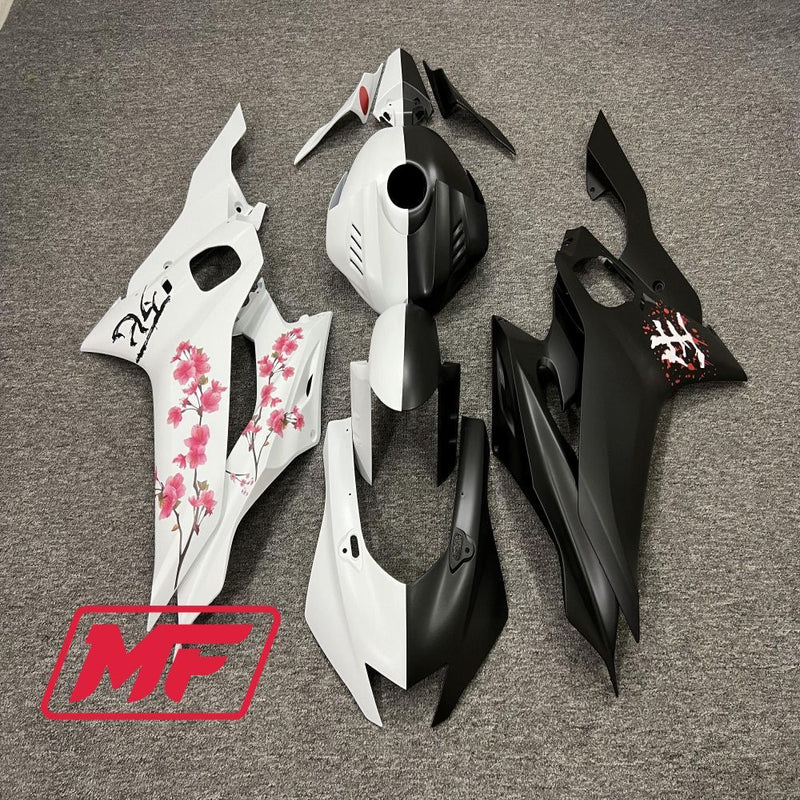 Load image into Gallery viewer, Monster Fairings Full Kit Yamaha R6 17-22 Matte Black And White Split Cherry Blossom + Windshield + Gas Tank Cover
