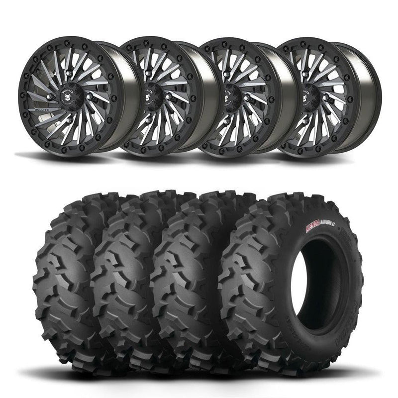 Load image into Gallery viewer, Set of Four Bullite Blade Wheels 14&quot; Gray And Kenda K3203 Mastodon AT Tires [28x9R-14]
