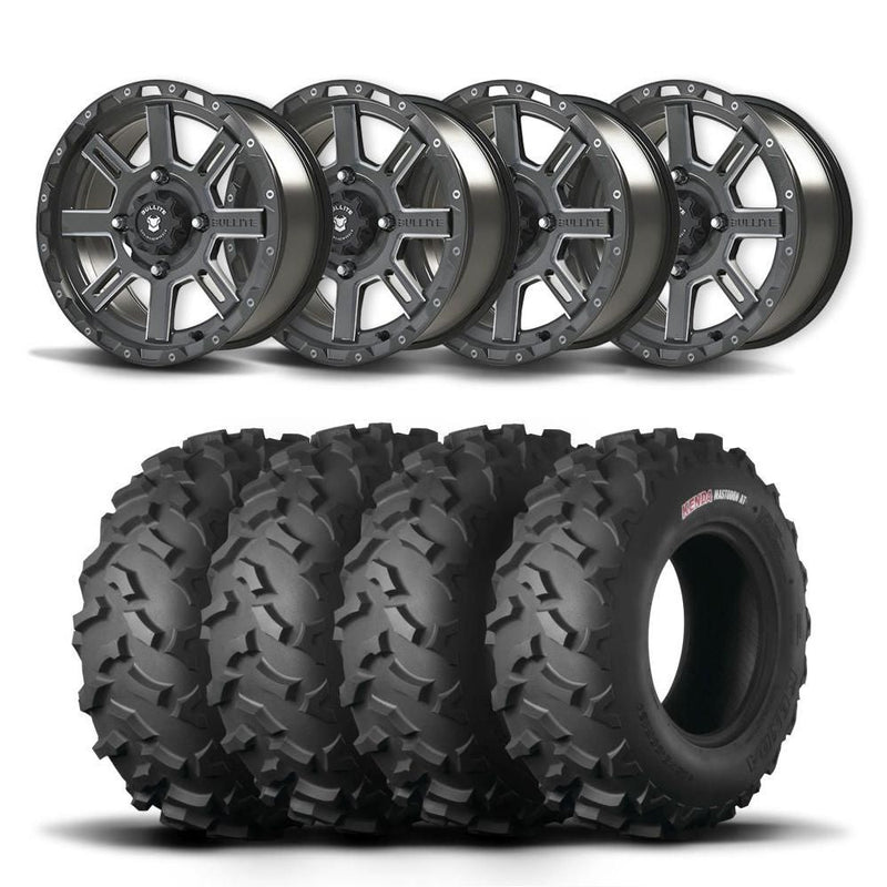 Load image into Gallery viewer, Set of Four Bullite Lancer Wheels 14&quot; Black And Kenda K3203 Mastodon AT Tires [28x9R-14]
