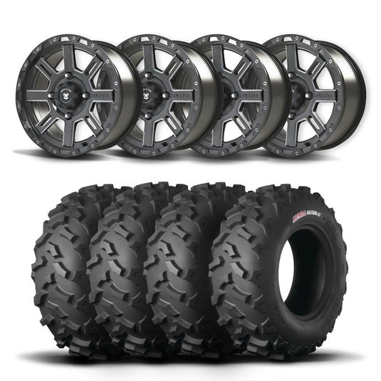 Set of Four Bullite Lancer Wheels 14" Black And Kenda K3203 Mastodon AT Tires [28x9R-14]