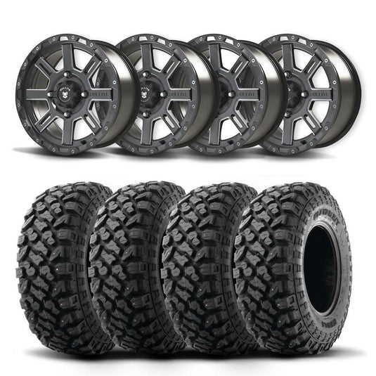 Set of Four Bullite Lancer Wheels 14" Black And Kenda K3204R Klever XT Tires [27x9R-14]