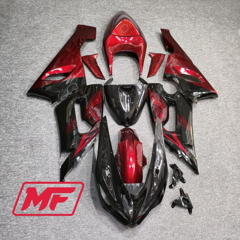 Load image into Gallery viewer, Monster Fairings Full Kit Kawasaki ZX-6R 05-06 Gloss Black and Red + Windshield + Gas Tank Cover
