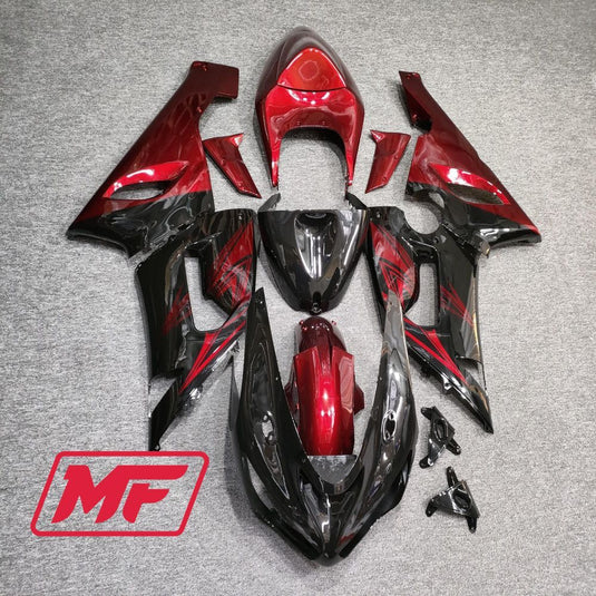 Monster Fairings Full Kit Kawasaki ZX-6R 05-06 Gloss Black and Red + Windshield + Gas Tank Cover
