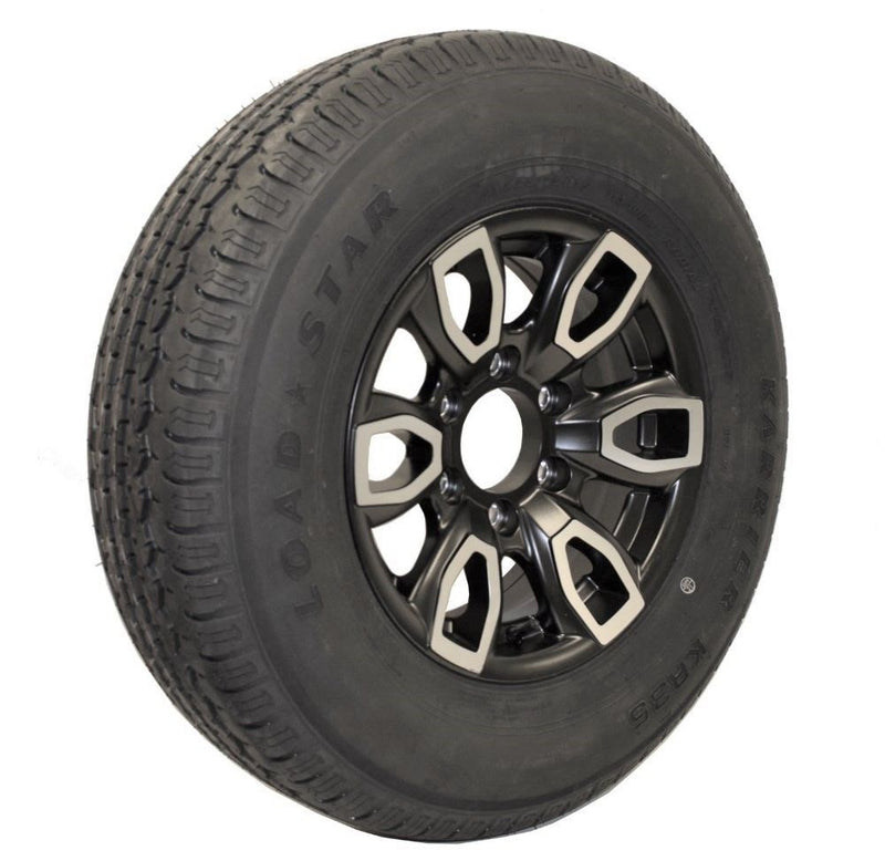 Load image into Gallery viewer, Trailer Tire &amp; Wheel - 15 IN - Black Aluminum Spoke Wheel / 6 ON 5.5 -  ST225/75 R15 - Load Range D - Karrier KR35 Tire
