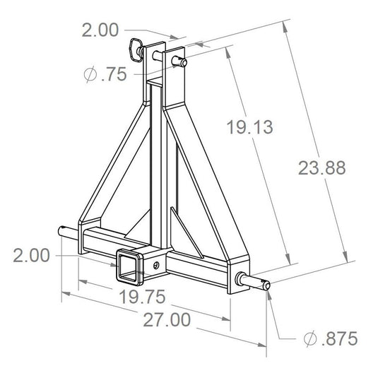 Rigid Hitch (RHA-001) 3-Point Hitch with 2" Receiver, Conversion for Sub-Compact Tractors Equipped with a CAT 1 - Made in USA