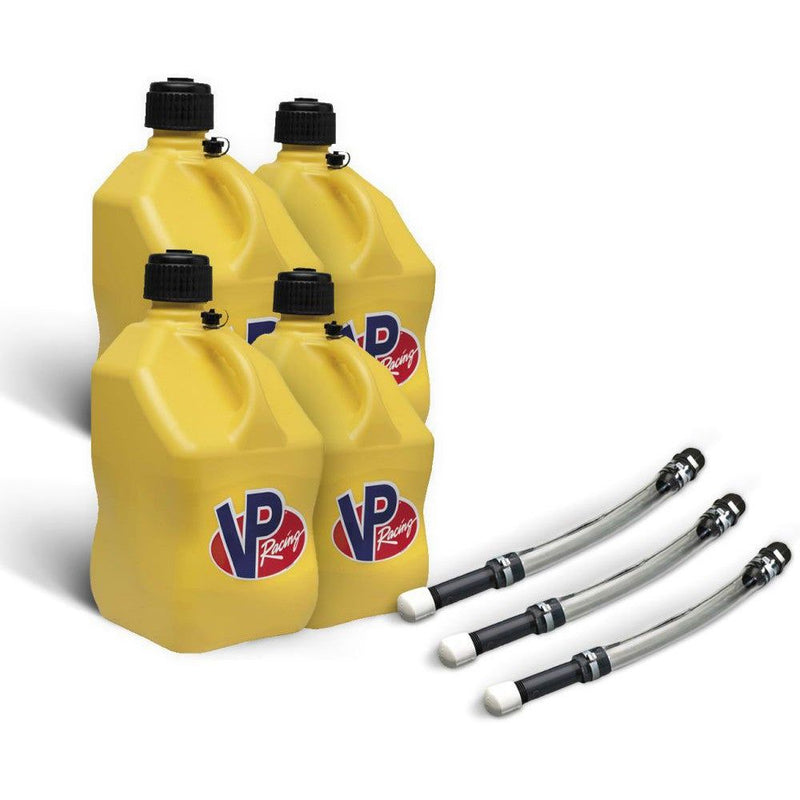 Load image into Gallery viewer, VP Racing 4 Pack Yellow 5.5 Gallon Square Utility Jugs + 3 Deluxe Fill Hoses
