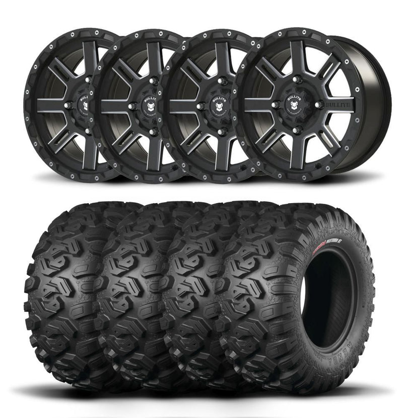 Load image into Gallery viewer, Set of Four Bullite Lancer Wheels 15&quot; Black And Kenda K3201 Mastodon HT Tires [33x10R-15]
