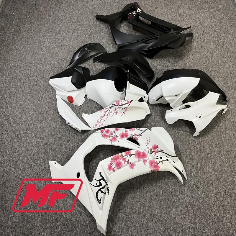 Load image into Gallery viewer, Monster Fairings Full Kit Kawasaki ZX-10R 16-20 Matte Black and White Split Cherry Blossom + Windshield + Gas Tank Cover
