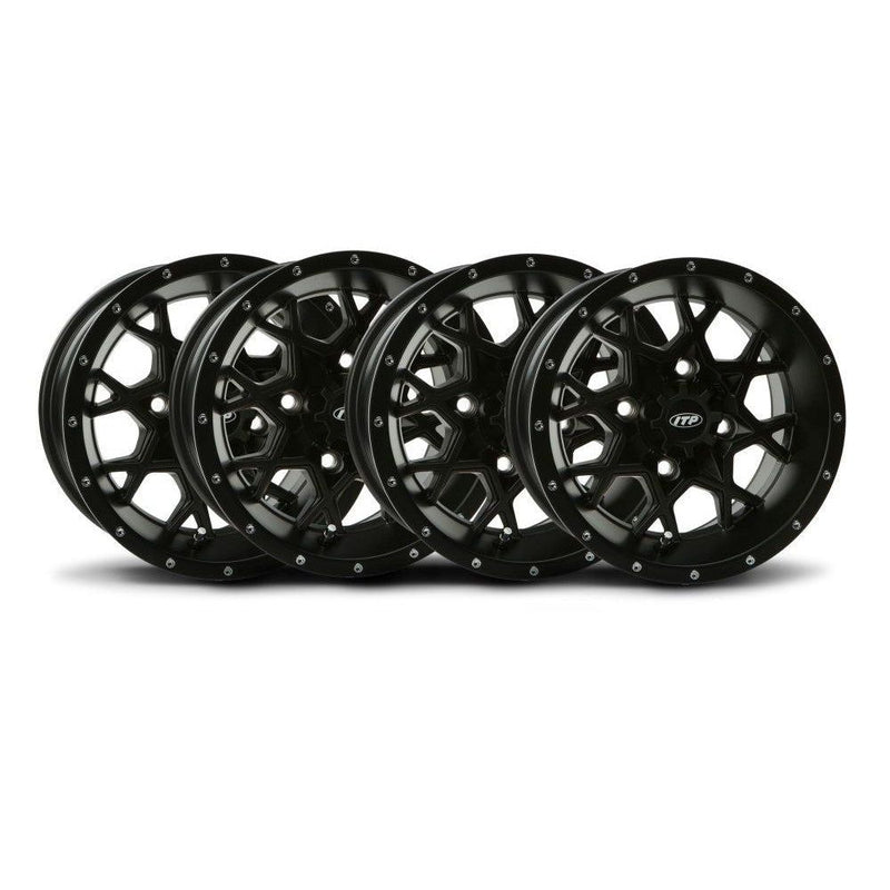 Load image into Gallery viewer, ITP Set of Four Storm Series Hurricane Wheels Black 14X7 4/110 2+5
