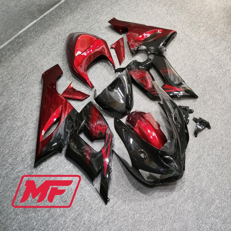 Load image into Gallery viewer, Monster Fairings Full Kit Kawasaki ZX-6R 05-06 Gloss Black and Red + Windshield + Gas Tank Cover
