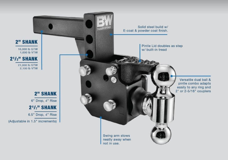 Load image into Gallery viewer, B&amp;W Tow &amp; Stow Dual Ball Pintle Hitch - 6 Inch Drop, 4 Inch Rise, 16,000 GTW - Fits 2 Inch Receivers
