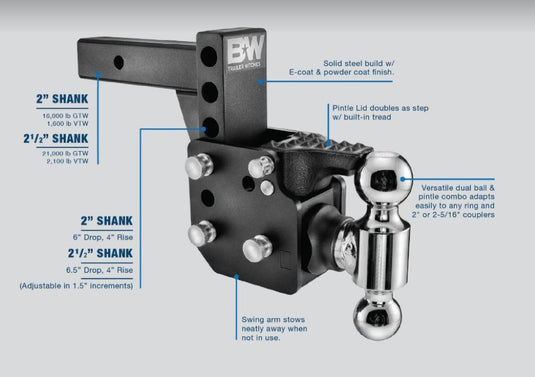 B&W Tow & Stow Dual Ball Pintle Hitch - 6 Inch Drop, 4 Inch Rise, 16,000 GTW - Fits 2 Inch Receivers