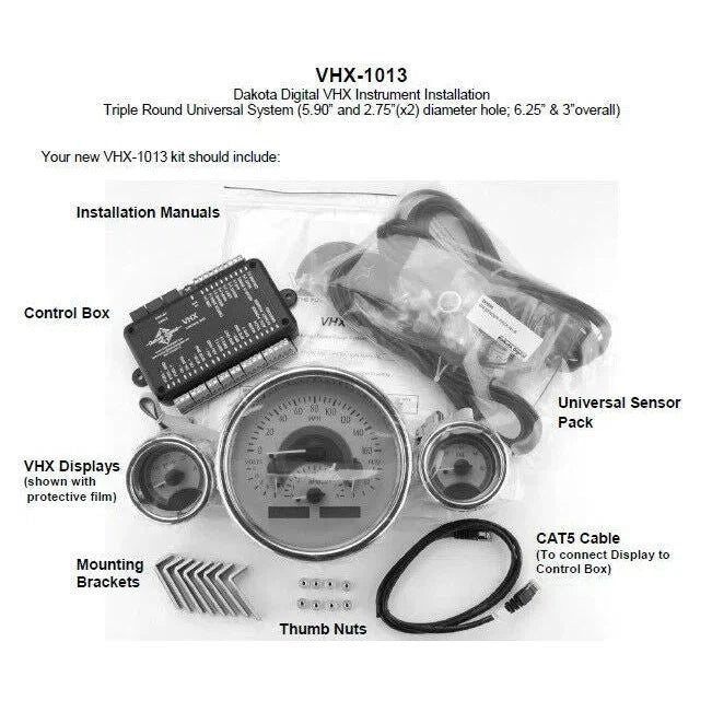 Dakota Digital Universal 3 Round Analog Gauge System Black Blue Kit VHX-1013