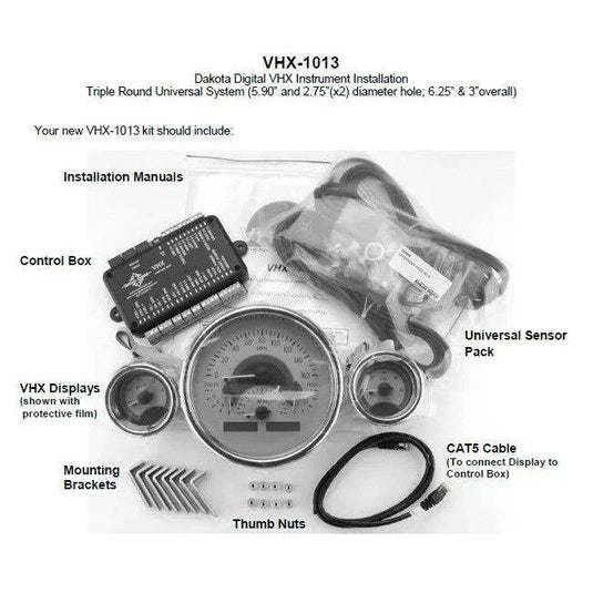 Dakota Digital Universal 3 Round Analog Gauge System Black Blue Kit VHX-1013