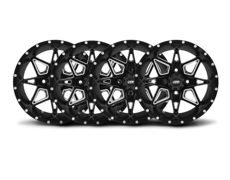 Load image into Gallery viewer, ITP Set of Four Storm Series Tornado Wheels Matte Black 14x7 4/110 5+2
