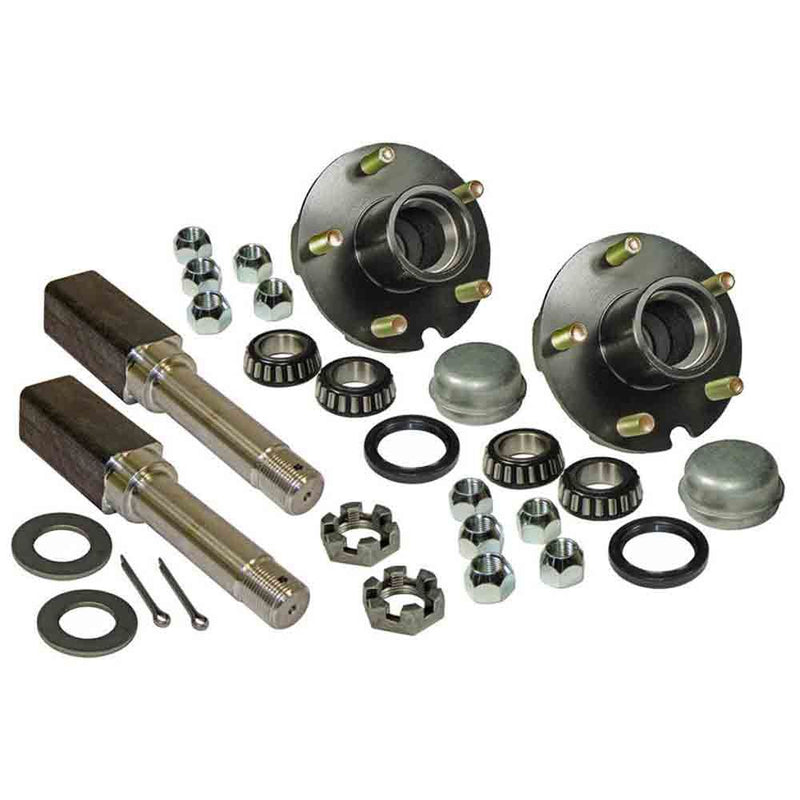 Load image into Gallery viewer, Pair of 5-Bolt On 4-1/2 Inch Hub Assemblies with Square Shaft 1-1/16 Inch Straight Spindles &amp; Bearings - for 2,200 lb Axle
