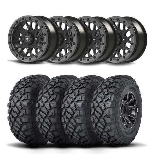 Set of Four Bullite Rider Wheels 14" Gray And Kenda K3204R Klever XT Tires [32x10R-14]