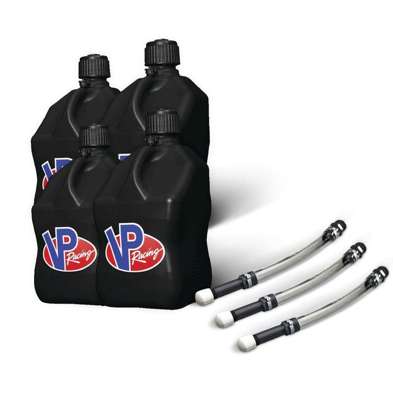 Load image into Gallery viewer, VP Racing 4 Pack Black 5.5 Gallon Square Utility Jugs + 3 Deluxe Fill Hoses
