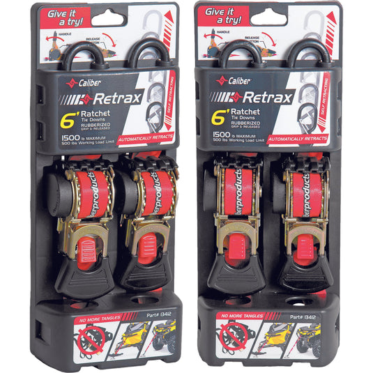 Caliber Retrax 6' Self Rewind Tiedown Strap Kit Pair 13412