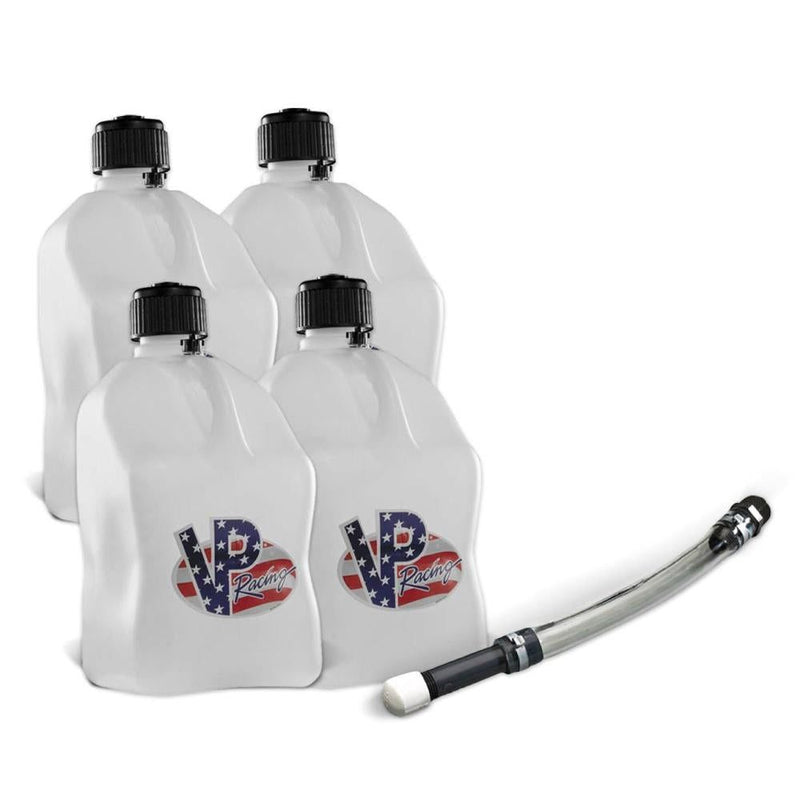 Load image into Gallery viewer, VP Racing 4 Pack Patriotic 5.5 Gallon Square Utility Jugs + Deluxe Fill Hose
