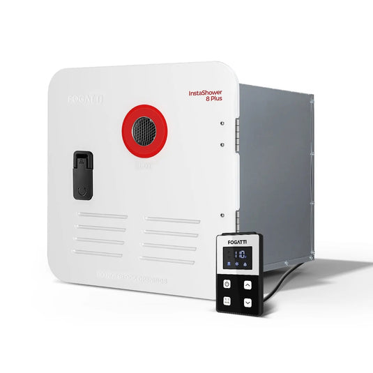 Fogatti InstaShower 8 Plus, 55,000 BTU RV Tankless Water Heater with DoorWhite 6 Gallon Door 15''x18''-Rectangle