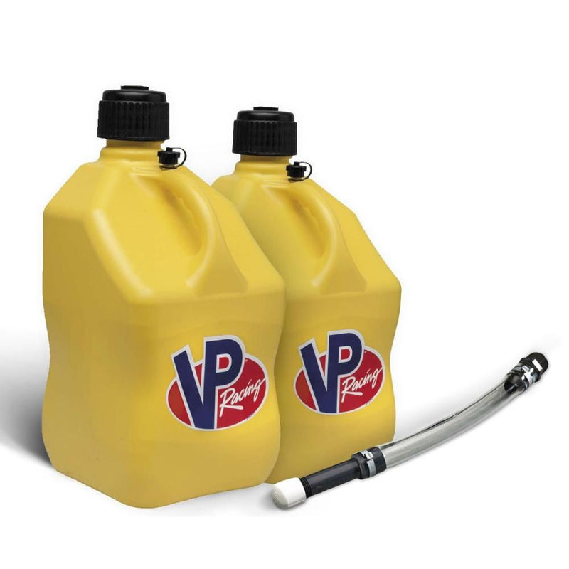 Load image into Gallery viewer, VP Racing 2 Pack Yellow 5.5 Gallon Square Utility Jugs + Deluxe Fill Hose
