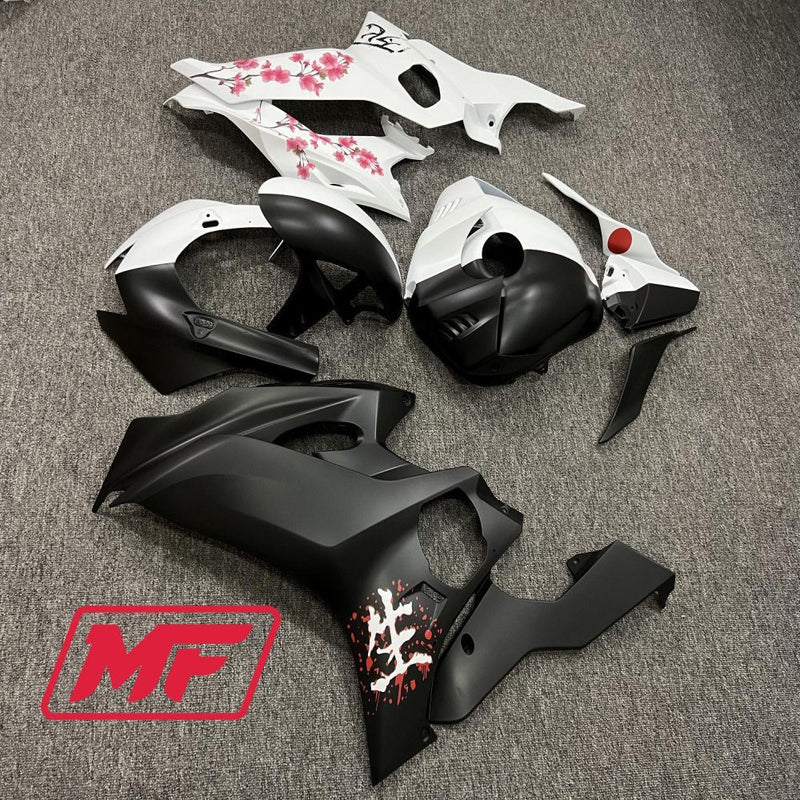 Load image into Gallery viewer, Monster Fairings Full Kit Yamaha R6 17-22 Matte Black And White Split Cherry Blossom + Windshield + Gas Tank Cover
