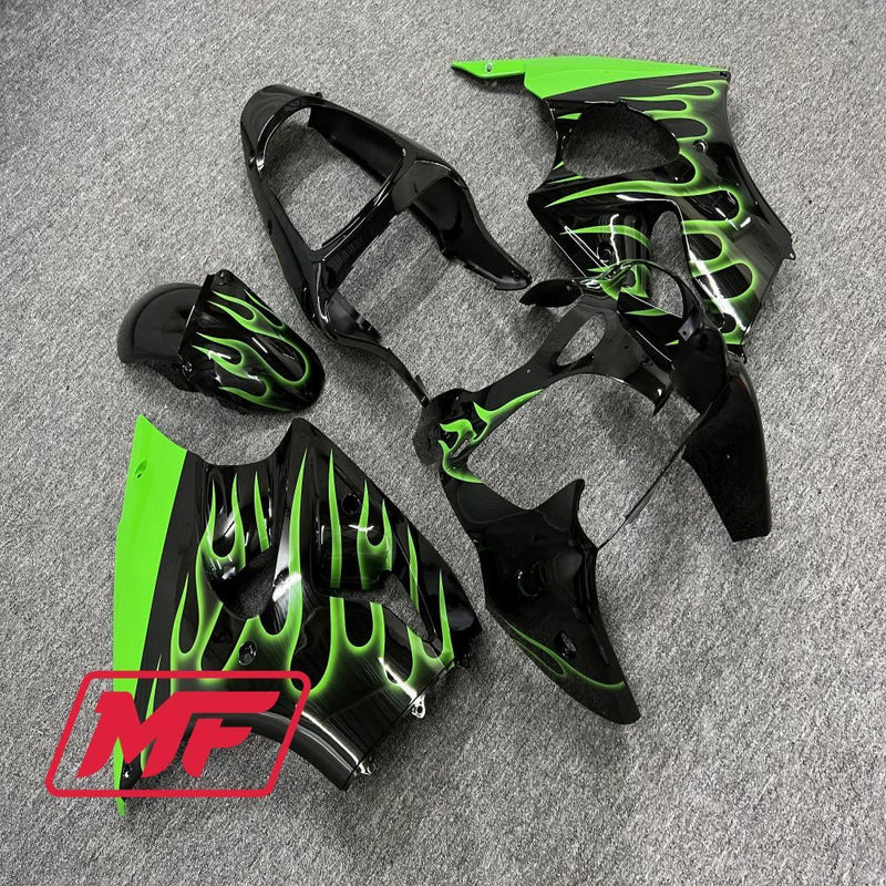 Load image into Gallery viewer, Monster Fairings Full Kit Kawasaki ZX-6R 00-02 Gloss Flame Green and Black + Windshield + Gas Tank Cover
