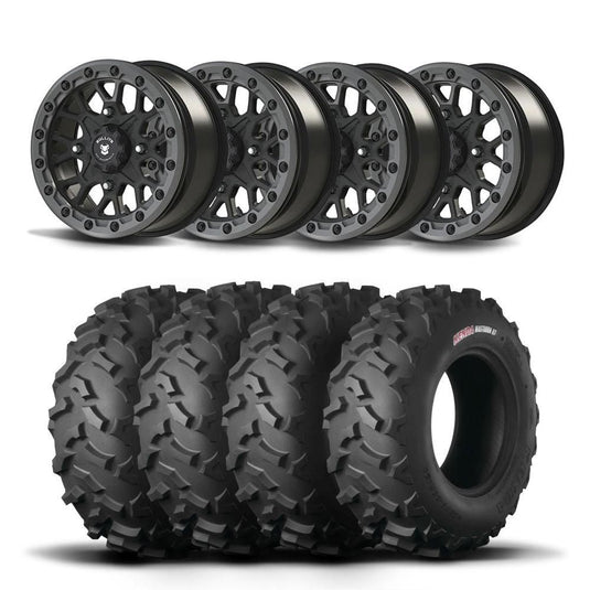 Set of Four Bullite Rider Wheels 14" Gray And Kenda K3203 Mastodon AT Tires [26x11R-14]